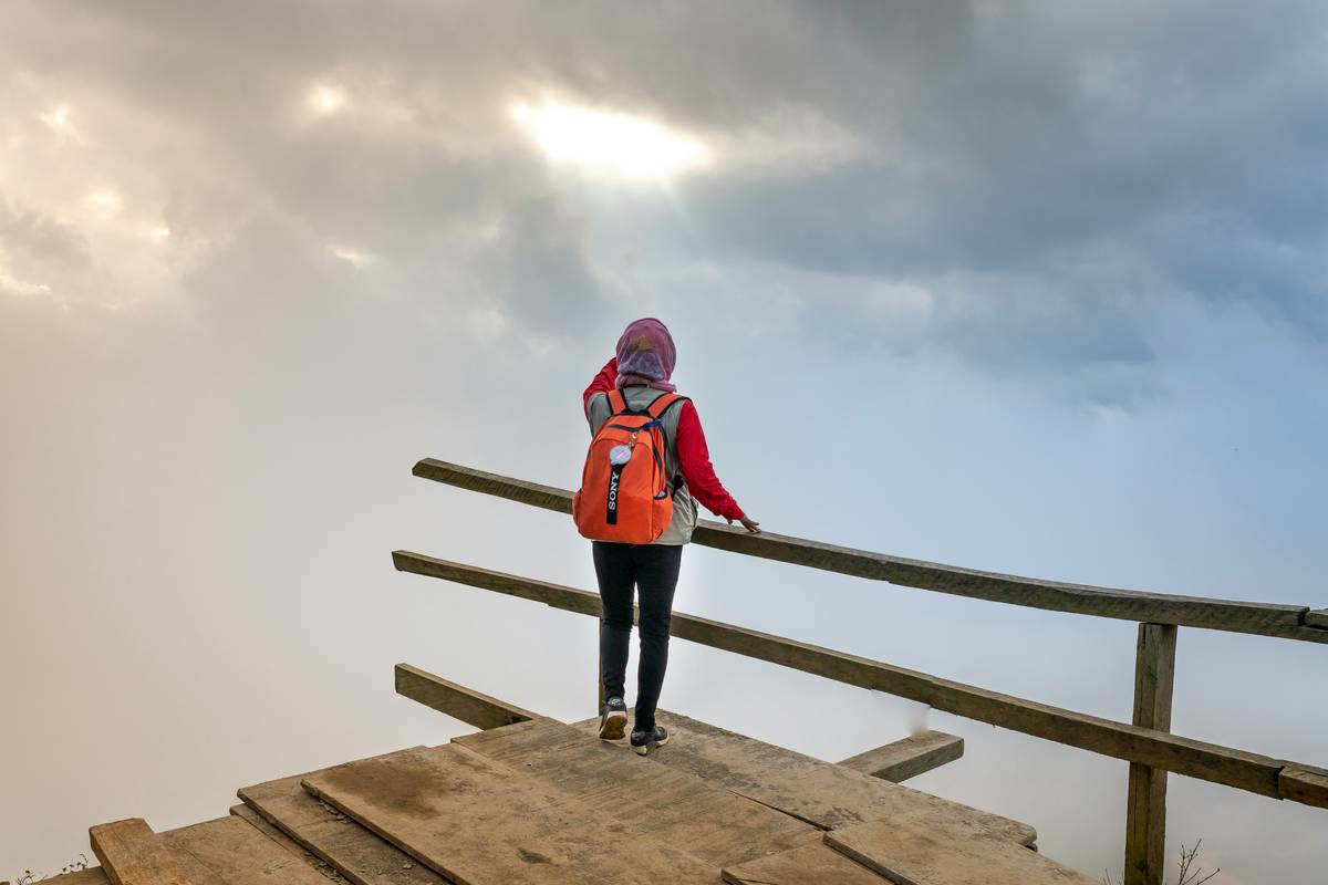 a woman standing on top of a wooden bridge
